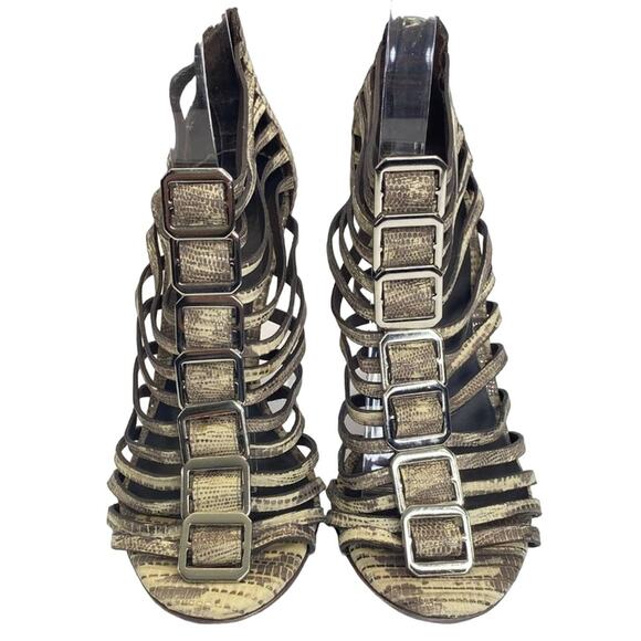 Tory Burch Strappy Peep Toe Heels Size 6.5 Animal Print Buckles Designer Shoes - Picture 2 of 12